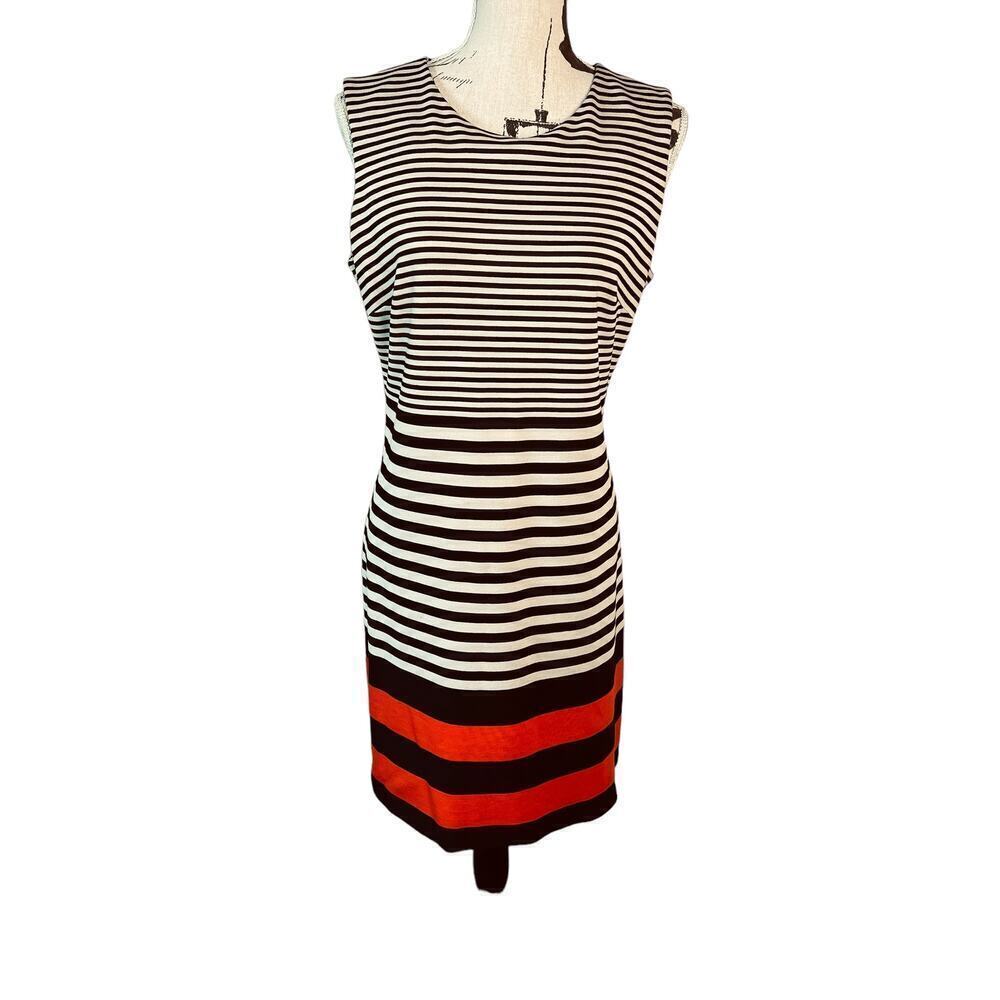 Calvin Klein Dress Beige Black Striped Sleeveless Office Work Casual Size 12